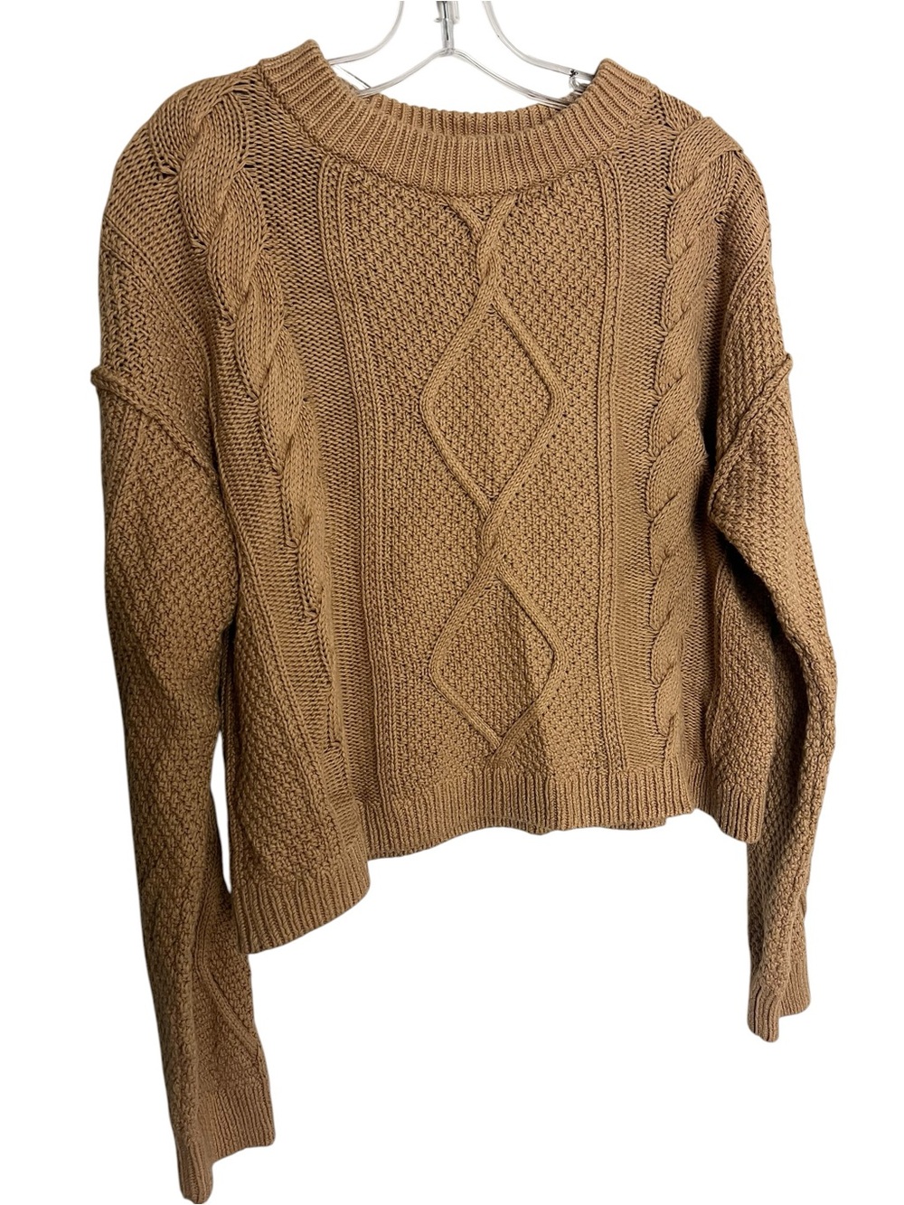 Quince 100% Organic Cotton Cable Knit Fisherman Sweater M Tan Brown Cropped - Picture 1 of 6